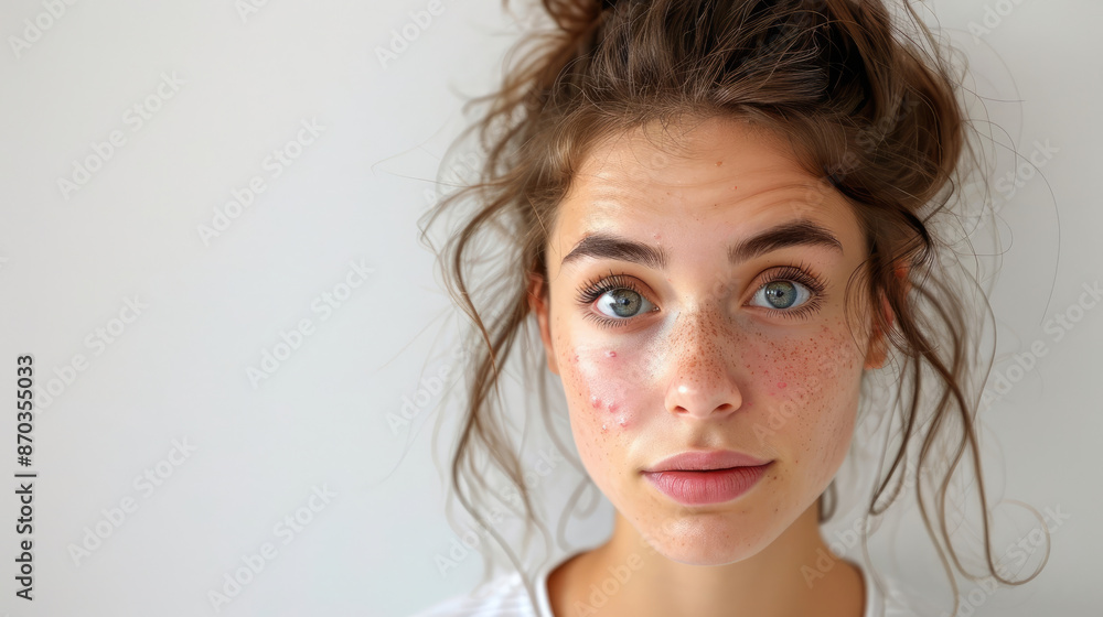 Young teen Woman face with acne pimples on her face and looking front isolated on white background Young teen Woman face with acne pimples on her face and looking front isolated on white background