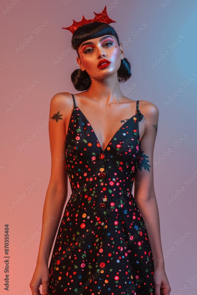 Woman in Christmas dress on a plain gradient background. Studio lighting, Colorful makeup and retro hairstyle for Christmas. Beautiful pinup girl with Christmas pin-up makeup Woman in Christmas dress on a plain gradient background. Studio lighting, Colorful makeup and retro hairstyle for Christmas. Beautiful pinup girl with Christmas pin-up makeup