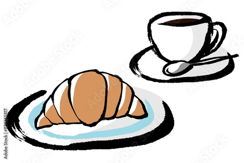 筆タッチのクロワッサンのコーヒーのセットイラスト