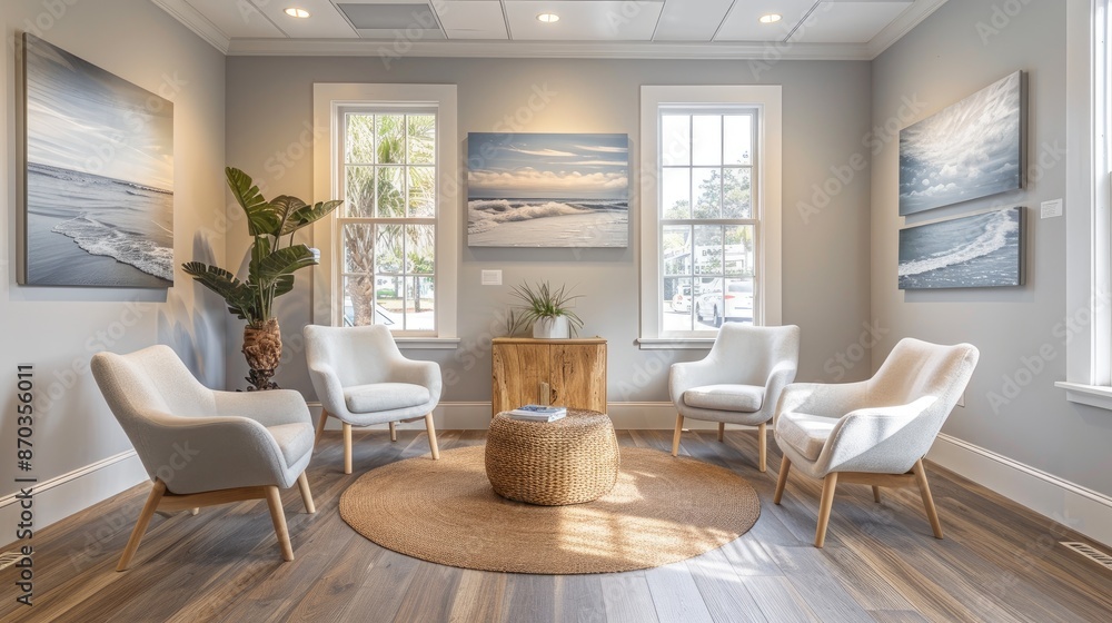 Light-filled therapist office with comfortable chairs and soothing artwork on the walls. Light-filled therapist office with comfortable chairs and soothing artwork on the walls.