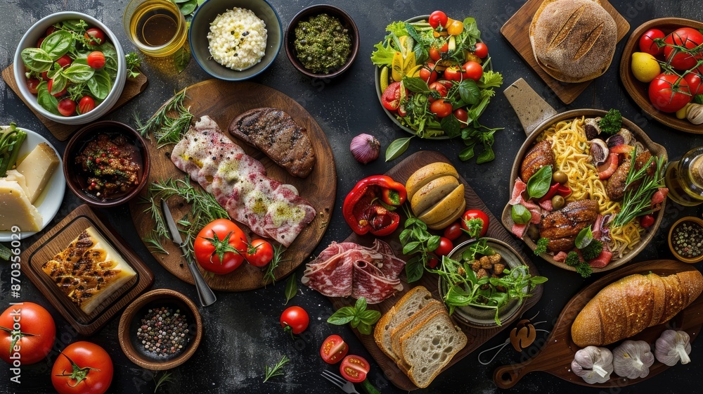 Fototapeta premium Table full of food including a variety of meats, vegetables, and bread. The table is set for a meal and the food looks delicious