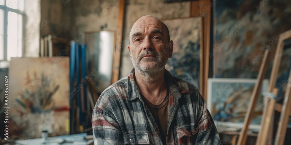 A pensive artist in a workshop, deep in thought, with a serious expression on his face. A pensive artist in a workshop, deep in thought, with a serious expression on his face.