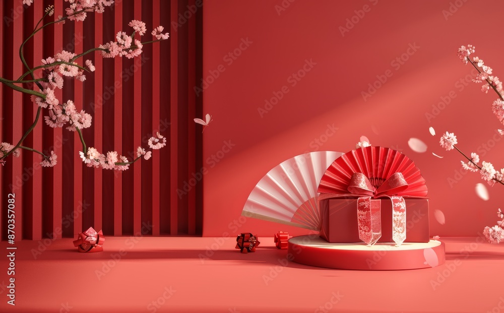 3D rendering of gift box with red Chinese ancient fan background. 3D rendering of gift box with red Chinese ancient fan background.
