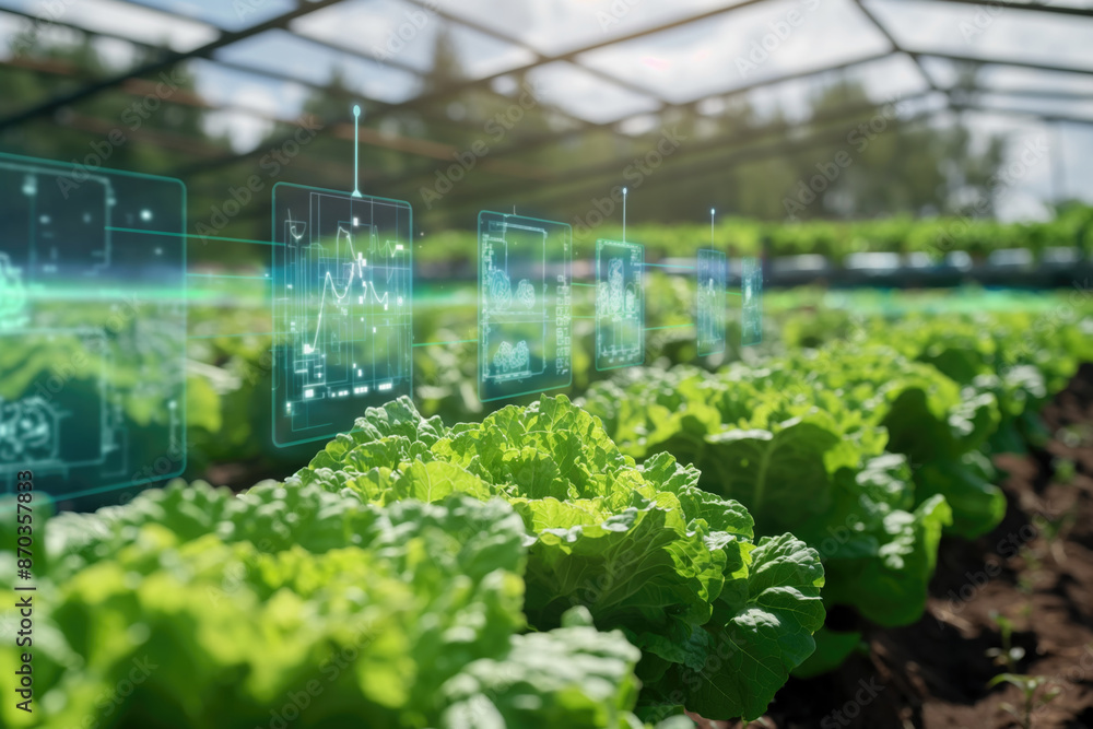 Smart Agriculture Technology, Digital Farming, Precision Agriculture Concept. Lettuce Plants in Greenhouse with Data Analytics. IoT Sensors, Automated Monitoring Systems. Smart Agriculture Technology, Digital Farming, Precision Agriculture Concept. Lettuce Plants in Greenhouse with Data Analytics. IoT Sensors, Automated Monitoring Systems.