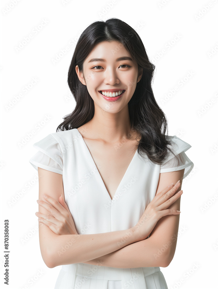 Korean woman feeling happy and smiling with white outfit, isolated on white background, advertising style Korean woman feeling happy and smiling with white outfit, isolated on white background, advertising style