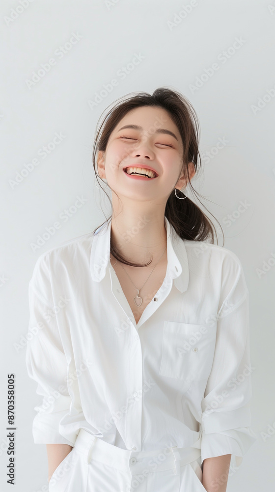 Korean woman feeling happy and smiling with white outfit, isolated on white background, advertising style Korean woman feeling happy and smiling with white outfit, isolated on white background, advertising style