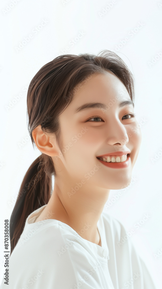 Korean woman feeling happy and smiling with white outfit, isolated on white background, advertising style Korean woman feeling happy and smiling with white outfit, isolated on white background, advertising style