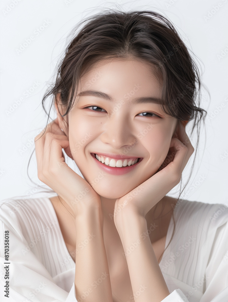 Korean woman feeling happy and smiling with white outfit, isolated on white background, advertising style Korean woman feeling happy and smiling with white outfit, isolated on white background, advertising style