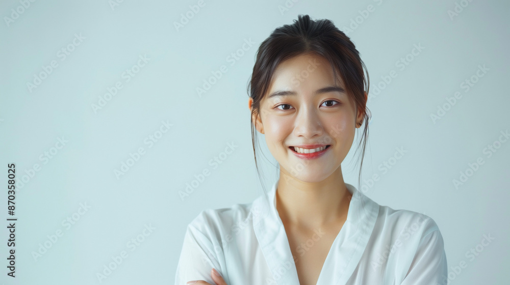 Korean woman feeling happy and smiling with white outfit, isolated on white background, advertising style Korean woman feeling happy and smiling with white outfit, isolated on white background, advertising style