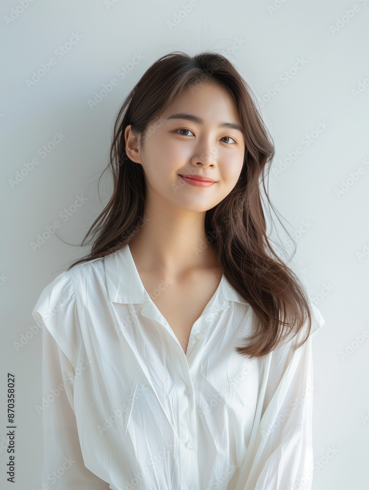 Korean woman feeling happy and smiling with white outfit, isolated on white background, advertising style Korean woman feeling happy and smiling with white outfit, isolated on white background, advertising style
