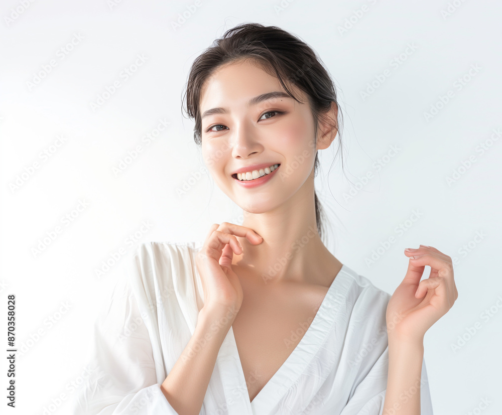 Korean woman feeling happy and smiling with white outfit, isolated on white background, advertising style Korean woman feeling happy and smiling with white outfit, isolated on white background, advertising style