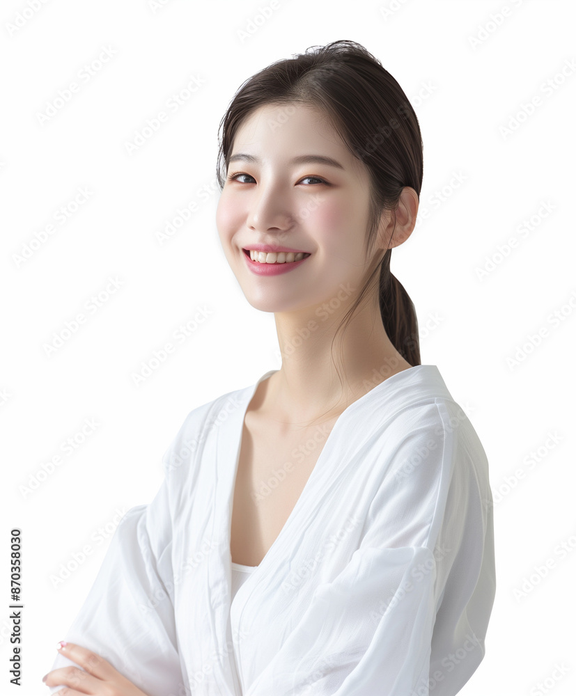 Korean woman feeling happy and smiling with white outfit, isolated on white background, advertising style Korean woman feeling happy and smiling with white outfit, isolated on white background, advertising style