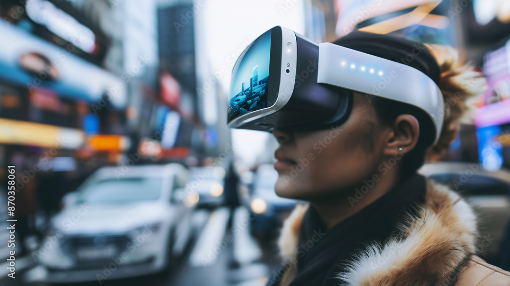 A woman wearing a virtual reality headset explores a digital world amidst the urban setting, highlighting the blend of technology and daily life. A woman wearing a virtual reality headset explores a digital world amidst the urban setting, highlighting the blend of technology and daily life.