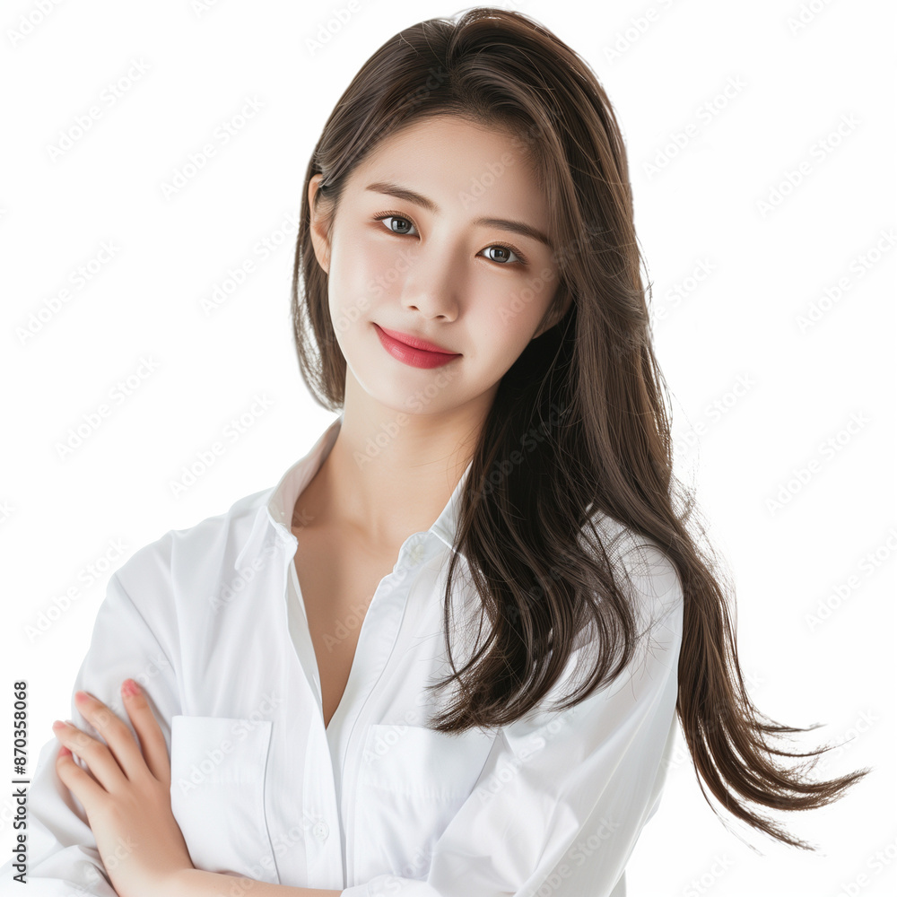 Korean woman feeling happy and smiling with white outfit, isolated on white background, advertising style Korean woman feeling happy and smiling with white outfit, isolated on white background, advertising style