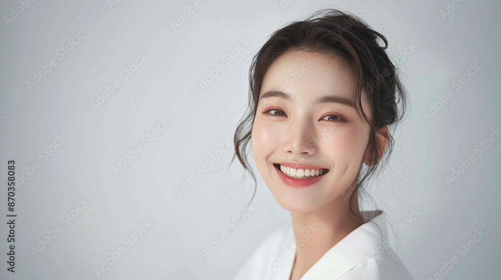 Korean woman feeling happy and smiling with white outfit, isolated on white background, advertising style Korean woman feeling happy and smiling with white outfit, isolated on white background, advertising style