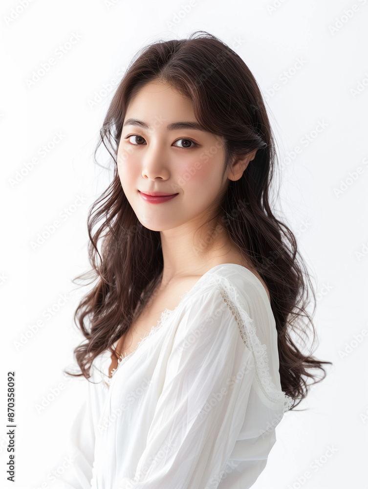 Korean woman feeling happy and smiling with white outfit, isolated on white background, advertising style Korean woman feeling happy and smiling with white outfit, isolated on white background, advertising style