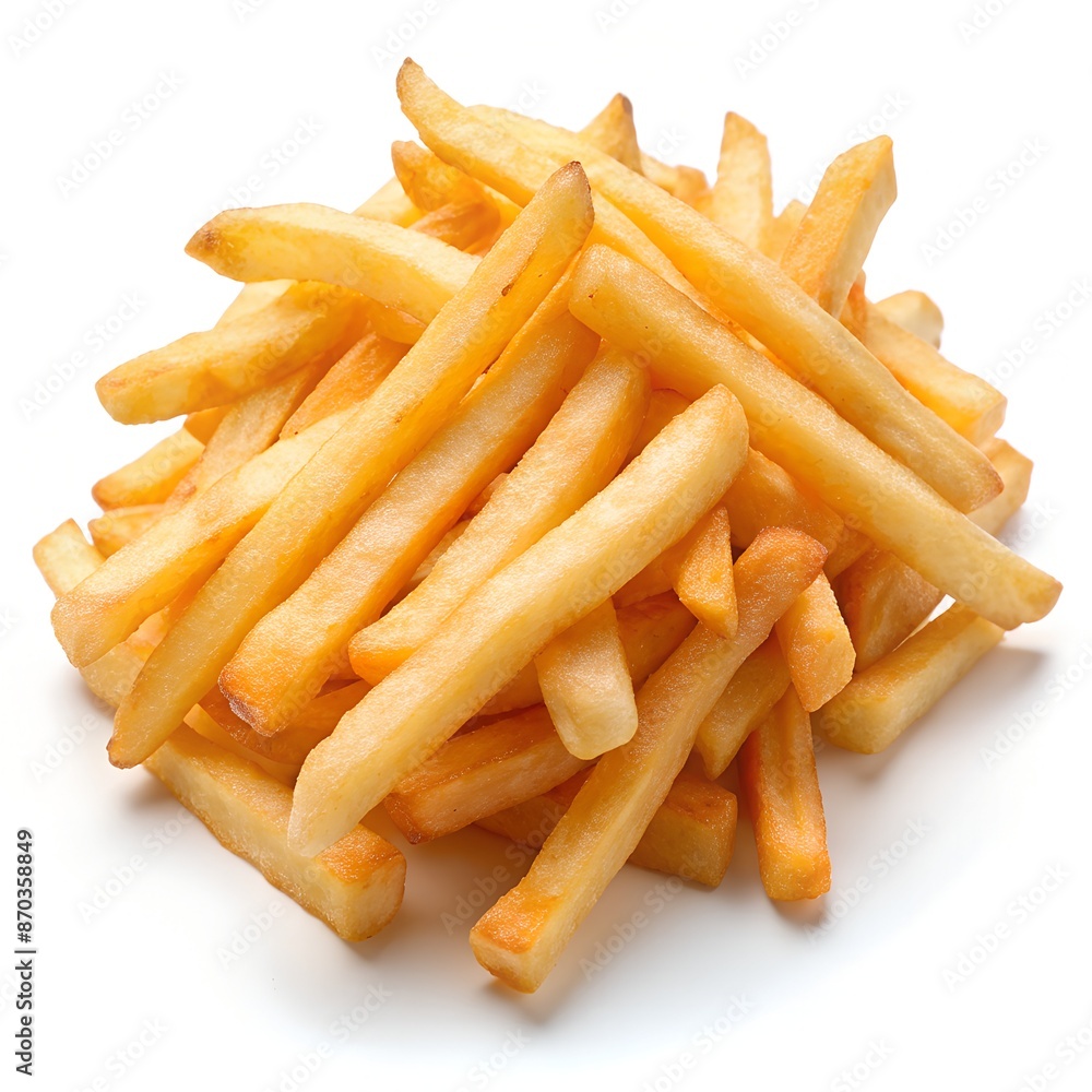 A stack of delicious french fries arranged on a plain white surface A stack of delicious french fries arranged on a plain white surface