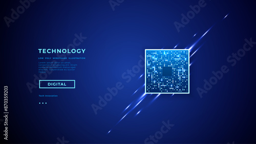 AI chip with brightly glowing pixels. Abstract digital CPU processor or semiconductor on light blue technology background. Circuit electronics elements. Dark navy tech bg. Vector illustration.
