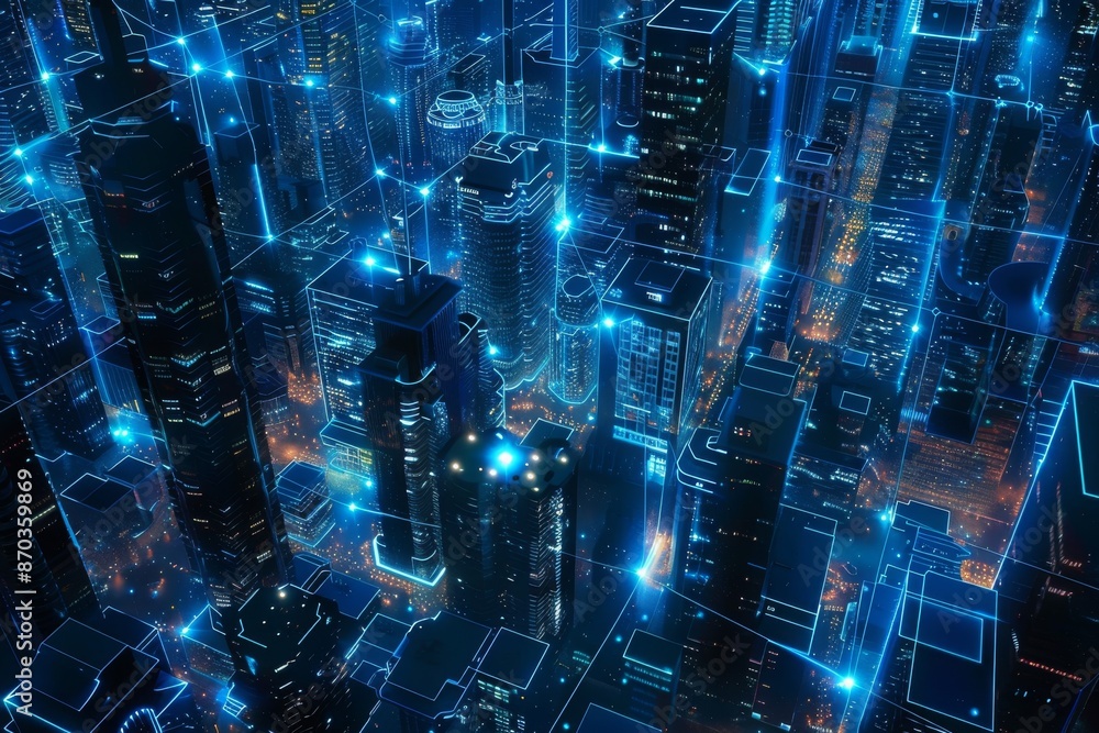 The technology of smart cities and big data, abstract line connections on a night city background, communication network concept, data storage, online services, financial industry, and global The technology of smart cities and big data, abstract line connections on a night city background, communication network concept, data storage, online services, financial industry, and global