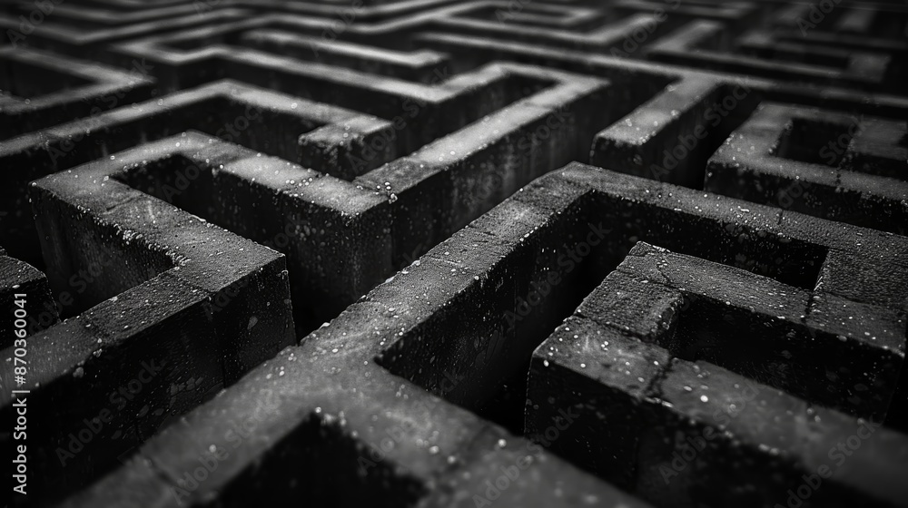 A complex maze made of dark, textured blocks, creating a sense of intrigue and confusion. The intricate pattern leads the viewer's eye through the labyrinthine structure. A complex maze made of dark, textured blocks, creating a sense of intrigue and confusion. The intricate pattern leads the viewer's eye through the labyrinthine structure.