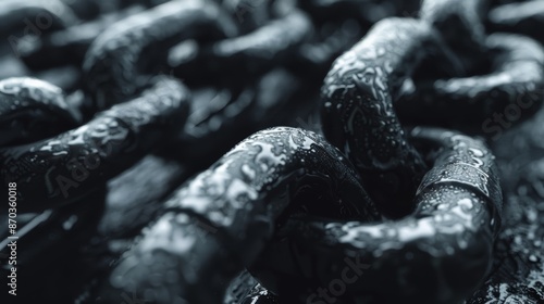 A close-up of a large, thick metal chain, the links intertwined in a dense, heavy pattern. The chain is dark and textured, conveying a sense of strength and weight.