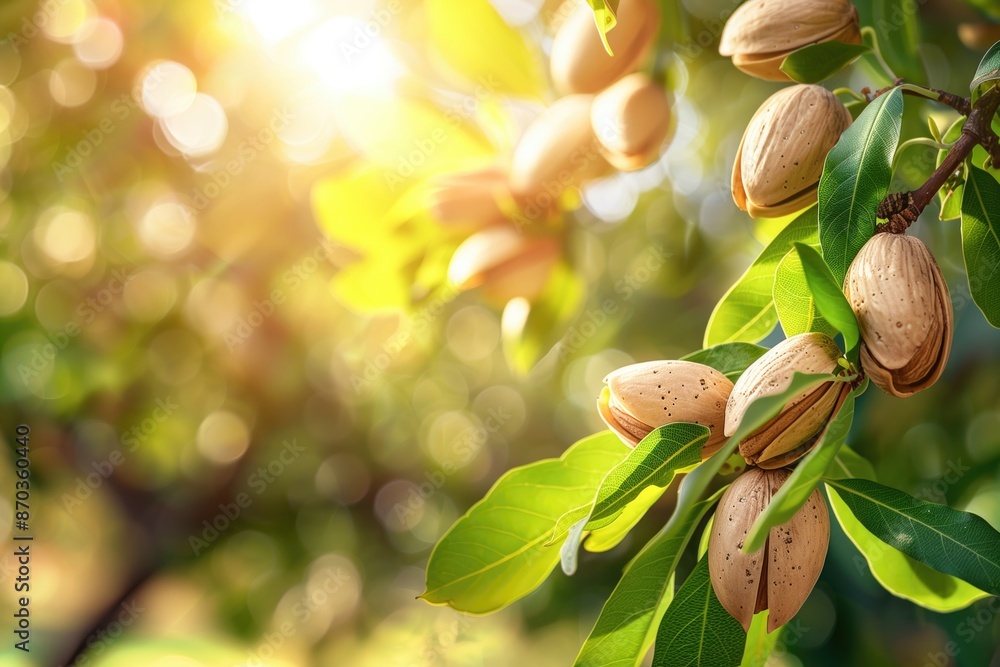Closeup Photo of Almond Tree with Ripe Nuts in Sunlight, Agriculture, Organic Farming, Nut Production, Nature Background. Closeup Photo of Almond Tree with Ripe Nuts in Sunlight, Agriculture, Organic Farming, Nut Production, Nature Background.