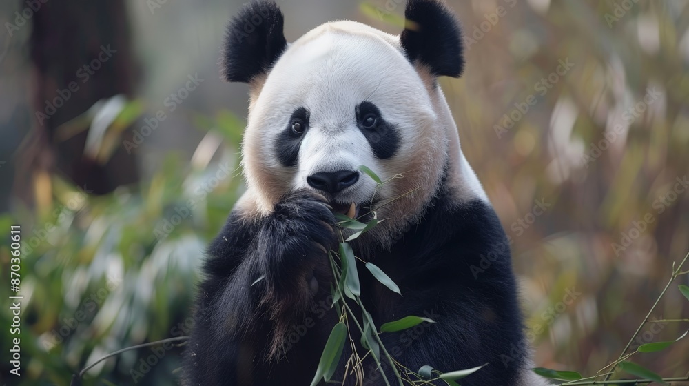 Obraz premium A giant panda munches on bamboo, its gentle demeanor and striking black-and-white fur captivating the hearts of many.