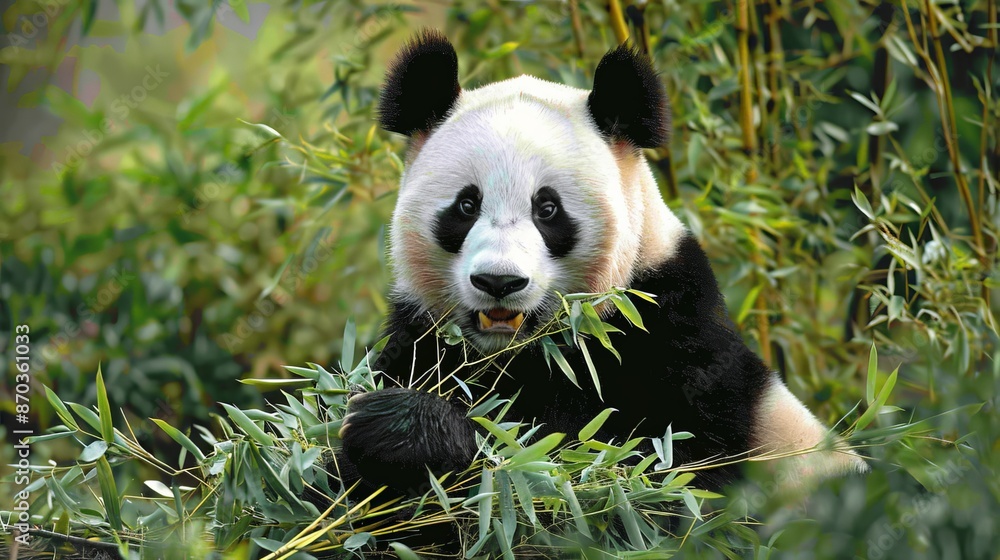 A giant panda munches on bamboo, its gentle demeanor and striking black-and-white fur captivating the hearts of many. A giant panda munches on bamboo, its gentle demeanor and striking black-and-white fur captivating the hearts of many.