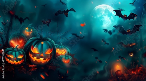 Wallpaper Mural Colorful mysterious and gloomy Halloween banner with bright pumpkins, flying bats, dark sky background with full moon, empty copy space for text and lettering Torontodigital.ca