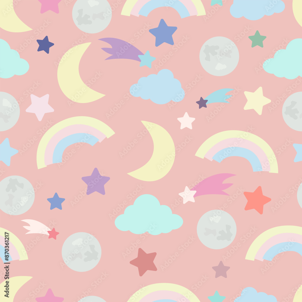 Sky, rainbow, stars, moon, planet, comets, seamless pattern Sky, rainbow, stars, moon, planet, comets, seamless pattern