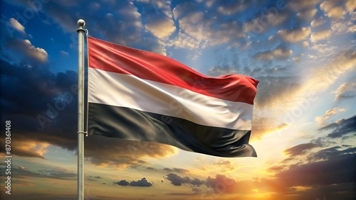 Isolated waving national flag of Yemen on flagpole photo