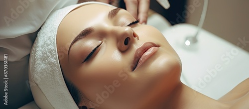 Cosmetologist using ultrasonic cleaning on a woman's face in a spa center with a copy space image.