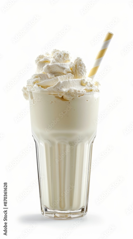In a tall glass with a striped straw, a vanilla bean garnish is garnished with a vanilla milkshake In a tall glass with a striped straw, a vanilla bean garnish is garnished with a vanilla milkshake