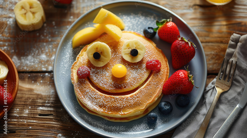 A creative kids' meal featuring a smiley face pancake adorned with fresh fruit, capturing the joy and fun of a delightful breakfast designed to bring smiles to children's faces.