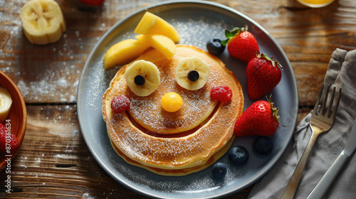 Obraz na płótnie A creative kids' meal featuring a smiley face pancake adorned with fresh fruit, capturing the joy and fun of a delightful breakfast designed to bring smiles to children's faces. w salonie
