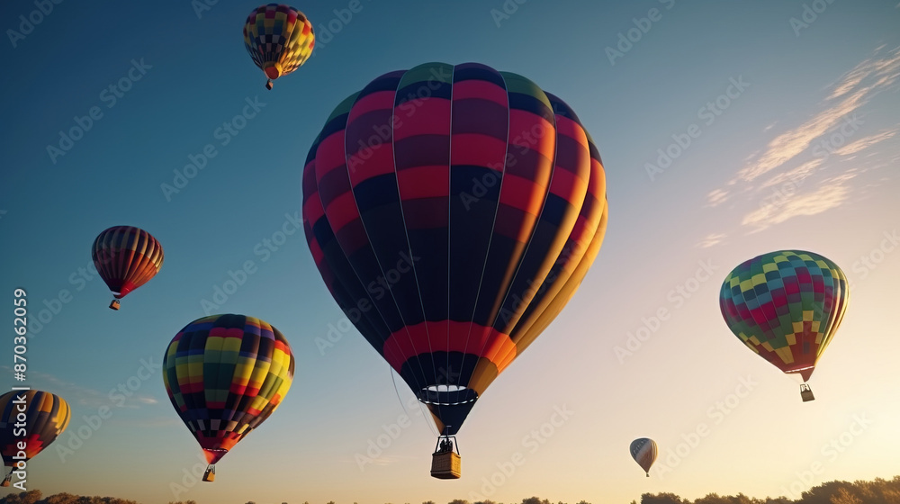 Fototapeta premium Colored balloons fly in the clouds in the sun over the mountains, hills. AI generated.