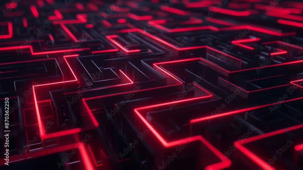 Abstract red neon maze pattern, glowing in the dark. Futuristic digital concept. Abstract red neon maze pattern, glowing in the dark. Futuristic digital concept.