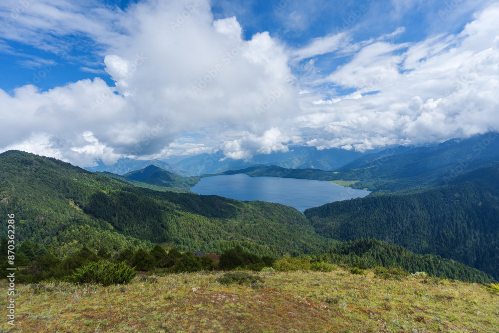 Beautiful freshwater lake view with cloudy blue-sky background—stunning view of the magical lake in the middle of the Himalayas. Beautiful freshwater lake view with cloudy blue-sky background—stunning view of the magical lake in the middle of the Himalayas.