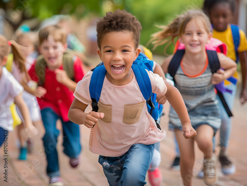 Cheerful Cute schoolkids having fun. Happy school children running. Junior, school. Back to school. New school year