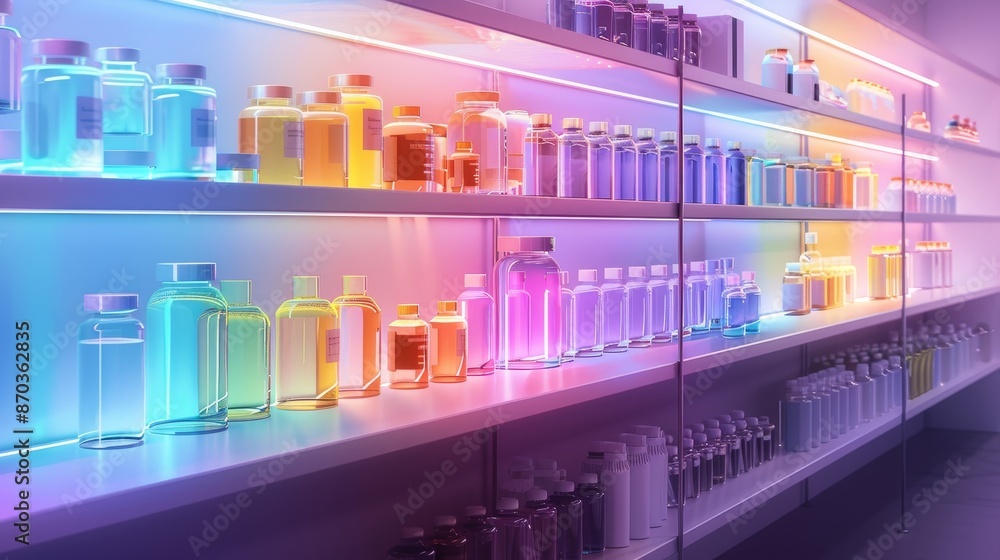 Neon Lit Shelf with Colorful Glass Bottles Neon Lit Shelf with Colorful Glass Bottles