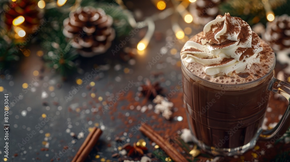 Hot Chocolate With Whipped Cream, A Chocolate Drink With Christmas Decorations, Festive And Cozy Hot Chocolate With Whipped Cream, A Chocolate Drink With Christmas Decorations, Festive And Cozy