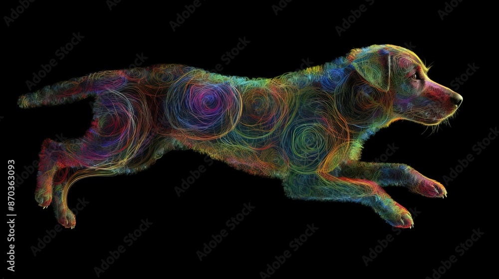 Fototapeta premium Neon abstract graphic contours of a dog, pet. Technology concept, dark background. AI generated.