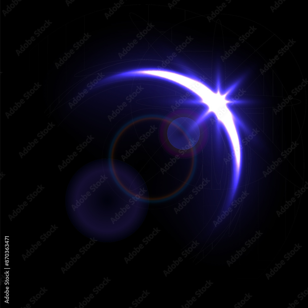 Obraz premium Solar eclipse overlay effect on black background vector illustration. Neon blue blazing star edge behind planet in dark sky or space, sunrise in cosmos