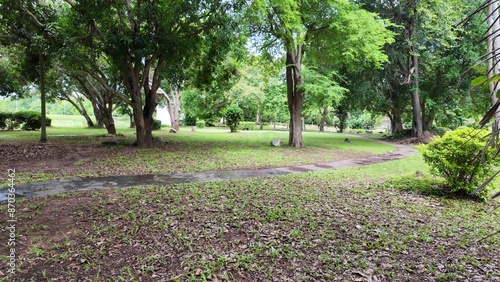 Park with trees, bushes and lawn. A lake, an Asian-style pavilion and hills.