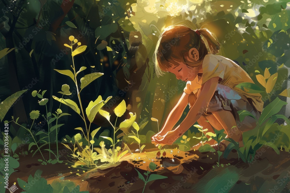 Fototapeta premium A child plants seeds in a small garden plot, nurturing future growth. The scene is filled with curiosity as they learn about nature and the wonders of gardening, regenerative instead of sustainable