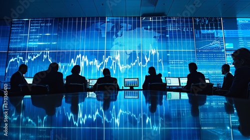 Silhouettes of Business People Working in a Control Room with Stock Market Data on Screens