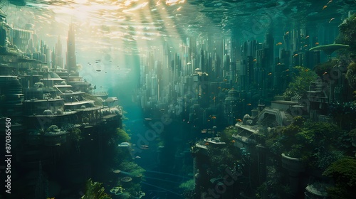 a large underwater city surrounded by water and plants on the sides of it, with a sunbeam above