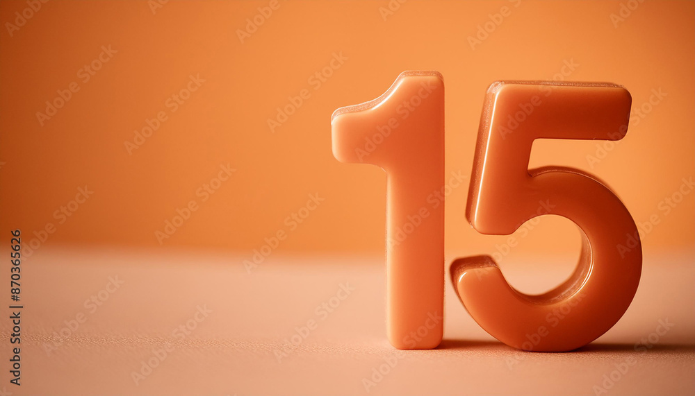 Orange plastic number 15 for banner or poster. 3D rendering. Orange backdrop. Close-up. Orange plastic number 15 for banner or poster. 3D rendering. Orange backdrop. Close-up.