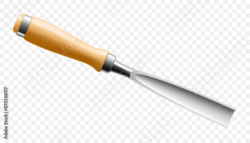 Chisel, carpentry hand tools for woodworking and wood carving. Stand for working with wood. Chisel with wooden handle isolated on transparent background. Realistic 3d Vector illustration.