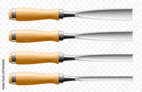 Set of chisels, carpentry hand tools for woodworking and wood carving. Stand for working with wood. Chisels with wooden handle isolated on transparent background. Realistic 3d Vector illustration.